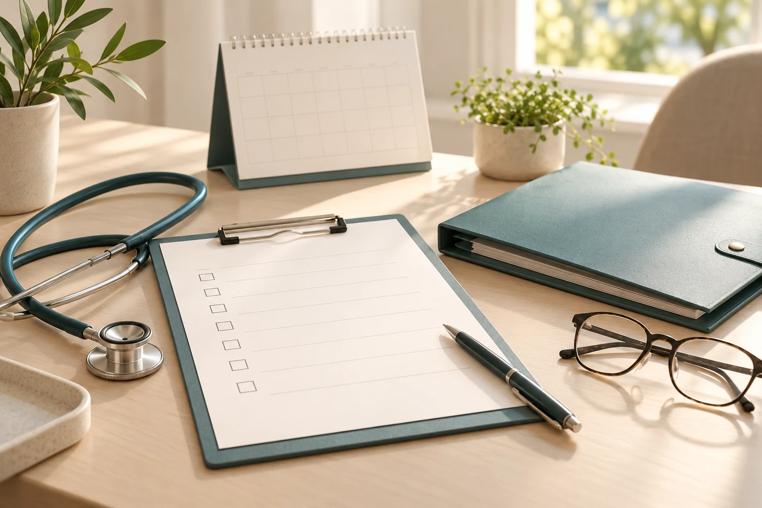 Screening preparation checklist, stethoscope and results folder — AI-generated editorial illustration