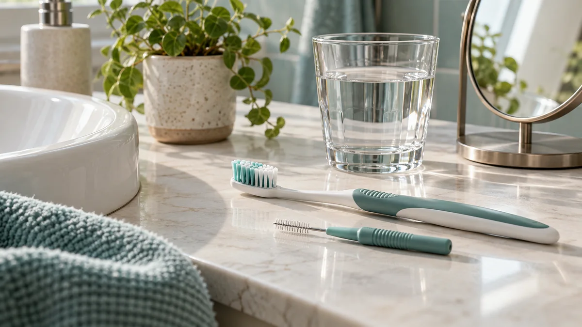 A toothbrush and interdental brush beside a glass of water.