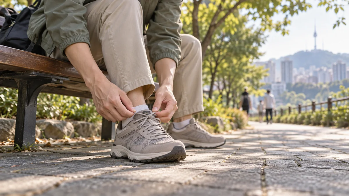 A traveller tying a walking shoe beside a park path.
