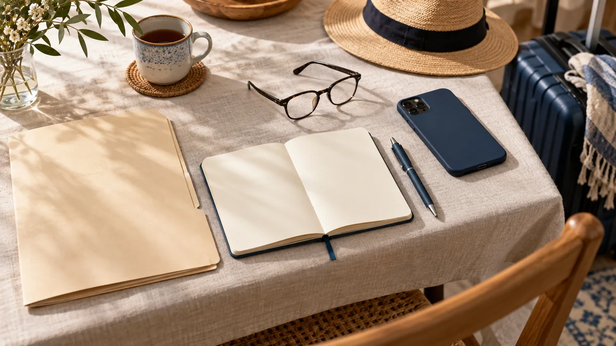 A folder, notebook and glasses arranged for visit preparation.