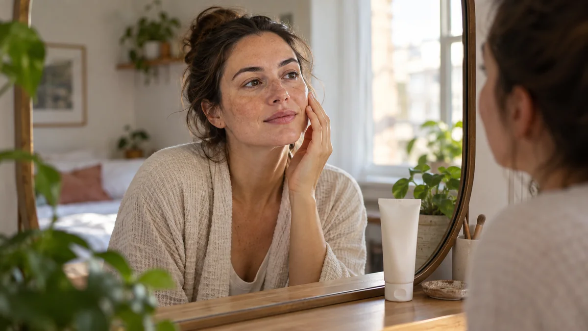 Everyday skin-care setting with a woman looking in a home mirror.