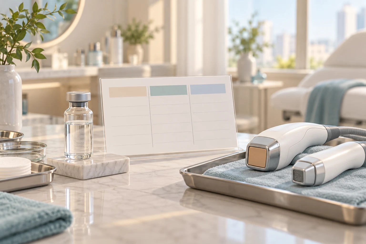 Generic treatment tools and a blank specification card — AI-generated editorial illustration