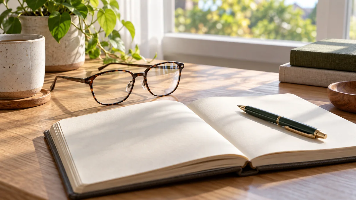 Reading glasses and a notebook beside a window.